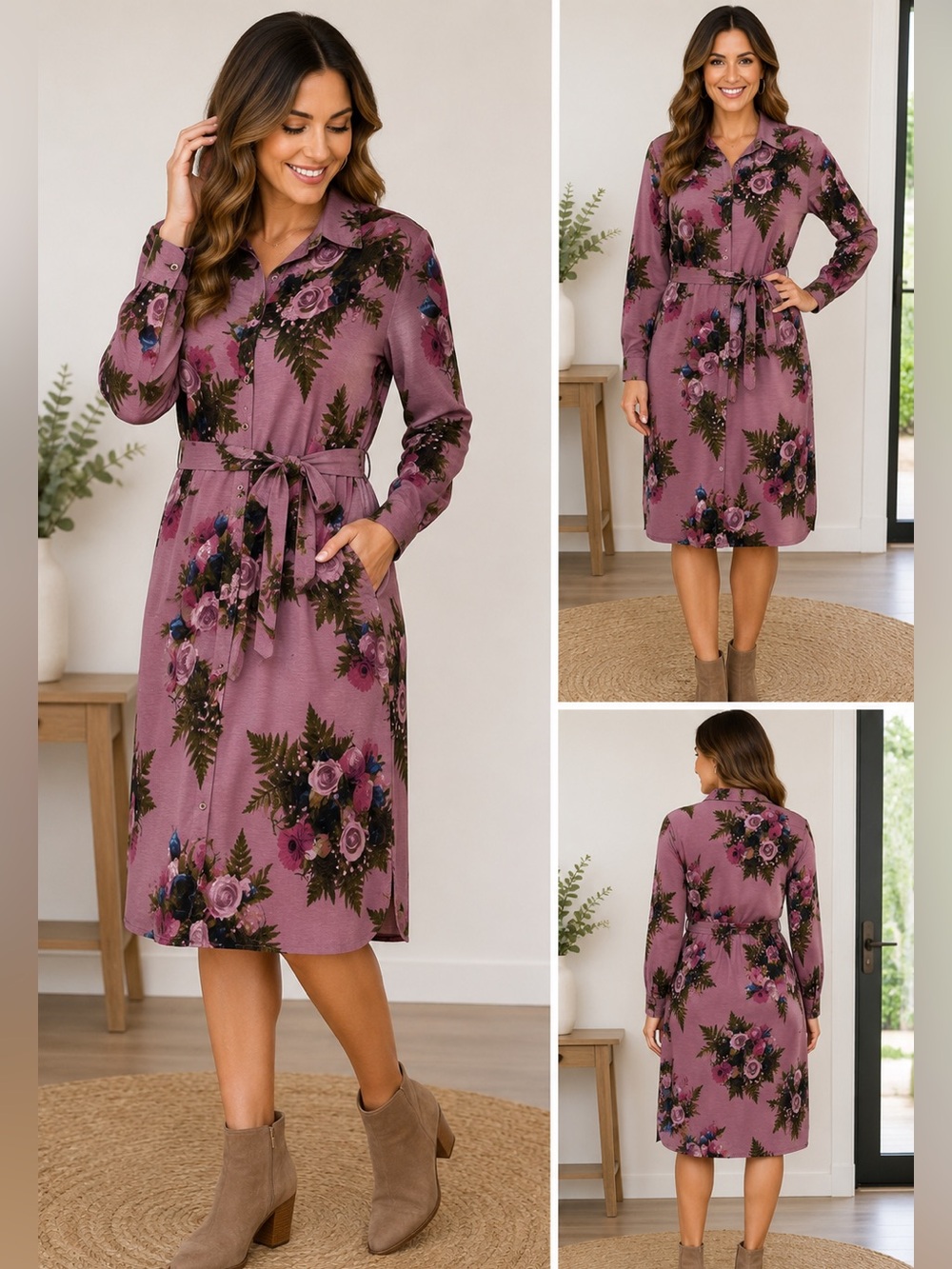 LuLaRoe Ellie Shirt Dress 2XL Mauve Floral Button Front Belted Midi Dress